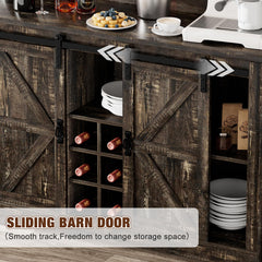 Coffee Bar Cabinet, 47" Farmhouse Sideboard Buffet Cabinet with Sliding Barn Door, Wine Rack & 6 Hooks, Wine Bar Cabinet for Home Dining Living Room, Dark Rustic Oak