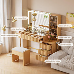 EOYUTLLY 48" Fluted Makeup Vanity Desk with 36" Mirror and Light,Modern Glass Top Vanity Table with Charging Station,5 Drawers, 3 Adjustable Shelves & 3 Color Lighting Mode, Bedroom Dressing Table,Oak