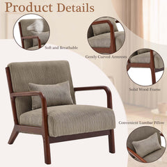 Mid Century Modern Accent Chairs, Upholstered Corduroy Fabric Lounge Arm Chair with Lumbar Cushion & Solid Wood Frame for for Living Room, Bedroom, Balcony, Camel