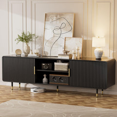 TV Stand for 65 Inch TV, Fluted TV Stand with Curved Profile, Modern Entertainment Center TV Console Table with Sliding Doors & Adjustable Shelves, TV Stands for Living Room Bedroom, Black