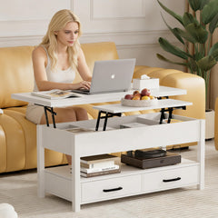 42'' Lift Top Coffee Table, 4-in-1 Multifunctional Lift Coffee Table with Storage & Hidden Compartments, Farmhouse Coffe Table with Lifting top for Living Room, Dining Reception Room, White