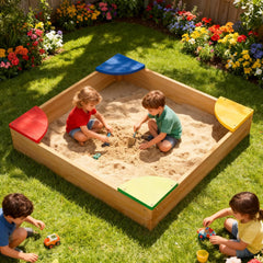 Kids Wooden Sandbox with Colorful Seats, Outdoor Sand Box for Backyard, Large Cedar Play Sandpit for Toddlers & Kids Ages 3-8