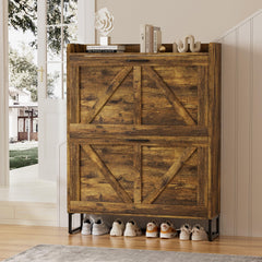 EOYUTLLY Shoe Cabinet Storage for Entryway, Narrow Shoe Rack Cabinet with 3 Flip Drawers & Coat Rack, Hidden Shoe Storage Cabinet, 2-in-1 Hall Tree Slim Freestanding Shoe Rack Organizer, Rustic Brown