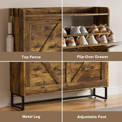 EOYUTLLY Shoe Cabinet Storage for Entryway, Narrow Shoe Rack Cabinet with 3 Flip Drawers & Coat Rack, Hidden Shoe Storage Cabinet, 2-in-1 Hall Tree Slim Freestanding Shoe Rack Organizer, Rustic Brown
