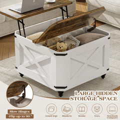 39.4" Lift Top Coffee Table with Charging Station, High-Glossy Marbling Print Center Table with Hidden Compartment Storage, LED Coffee Table for Living Room, White