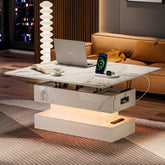 39.4" Lift Top Coffee Table with Charging Station, High-Glossy Marbling Print Center Table with Hidden Compartment Storage, LED Coffee Table for Living Room, White
