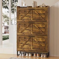 EOYUTLLY Shoe Cabinet for Entryway with 2 Flip Drawers,Narrow Wooden Shoe Storage Cabinet with Metal Legs,Hold 24 Pairs, 4-Tier Adjustable Shelves–Freestanding Hidden Shoe Organizer for Hallway, Foyer