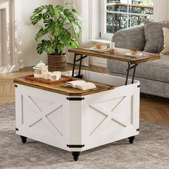 Farmhouse Lift Top Coffee Table with Hidden Storage, Wood Square Coffee Table for Living Room, Modern Center Table with Legs for Home Office, Bedroom, White
