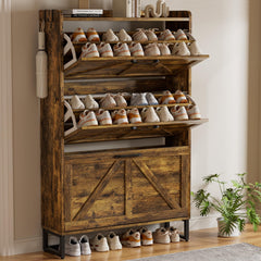 EOYUTLLY Shoe Cabinet for Entryway with 2 Flip Drawers,Narrow Wooden Shoe Storage Cabinet with Metal Legs,Hold 24 Pairs, 4-Tier Adjustable Shelves–Freestanding Hidden Shoe Organizer for Hallway, Foyer