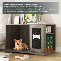SNYNUXX Dog Crate Furniture with Pegboard, Storage Cabinet and Hidden Sliding Doors, Indoor Furniture-Style Wooden Puppy Dog Kennel for Medium Small Dogs, Gray