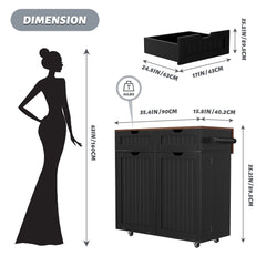 SNYNUXX Kitchen Island with Drop Leaf, Rolling Mobile Island Cart with Drawer, Wooden Countertop and Lockable Casters, Black-35.43"x23.62"x35.43"