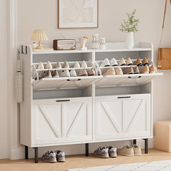 EOYUTLLY Shoe Cabinet Storage for Entryway, Narrow Shoe Rack Cabinet with 4 Flip Drawers, Freestanding Hidden Shoe Rack Storage Organizer, White with Metal Legs