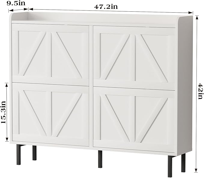 EOYUTLLY Shoe Cabinet Storage for Entryway, Narrow Shoe Rack Cabinet with 4 Flip Drawers, Freestanding Hidden Shoe Rack Storage Organizer, White with Metal Legs