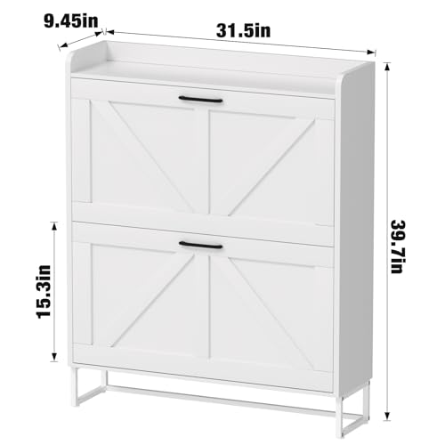 EOYUTLLY Shoe Cabinet Storage for Entryway, Narrow Shoe Rack Cabinet with 2 Flip Drawers, Freestanding Hidden Shoe Rack Storage Organizer, White with Metal Legs