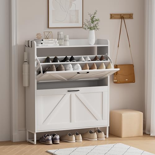 EOYUTLLY Shoe Cabinet Storage for Entryway, Narrow Shoe Rack Cabinet with 2 Flip Drawers, Freestanding Hidden Shoe Rack Storage Organizer, White with Metal Legs