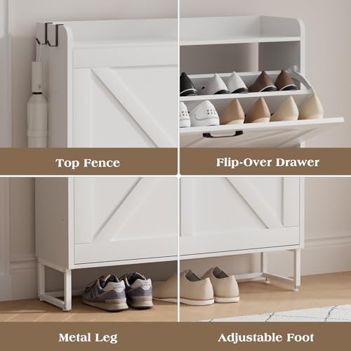 EOYUTLLY Shoe Cabinet Storage for Entryway, Narrow Shoe Rack Cabinet with 2 Flip Drawers, Freestanding Hidden Shoe Rack Storage Organizer, White with Metal Legs