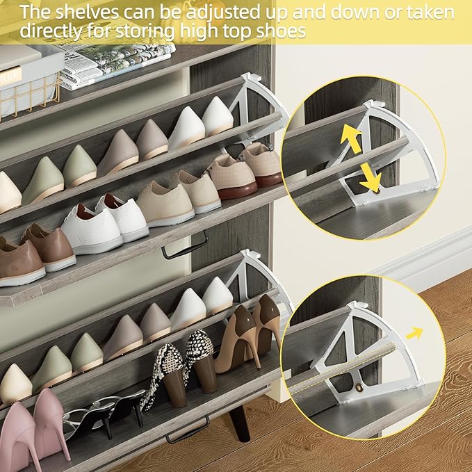 EOYUTLLY Shoe Storage Cabinet with 2 Flip Drawers & Open Shelf, Shoe Cabinet with Small Bench, Freestanding Shoe Organizer for Entryway, Narrow Shoe Rack with Legs, Grey