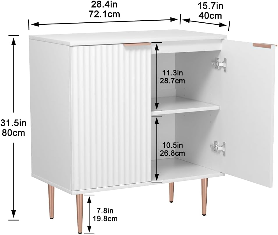 Sideboard Buffet Cabinet with Storage, White Sideboard Cabinet with Fluted Doors and Adjustable Shelf, Accent Cabinet for Living Room, Dining Room, Hallway, White