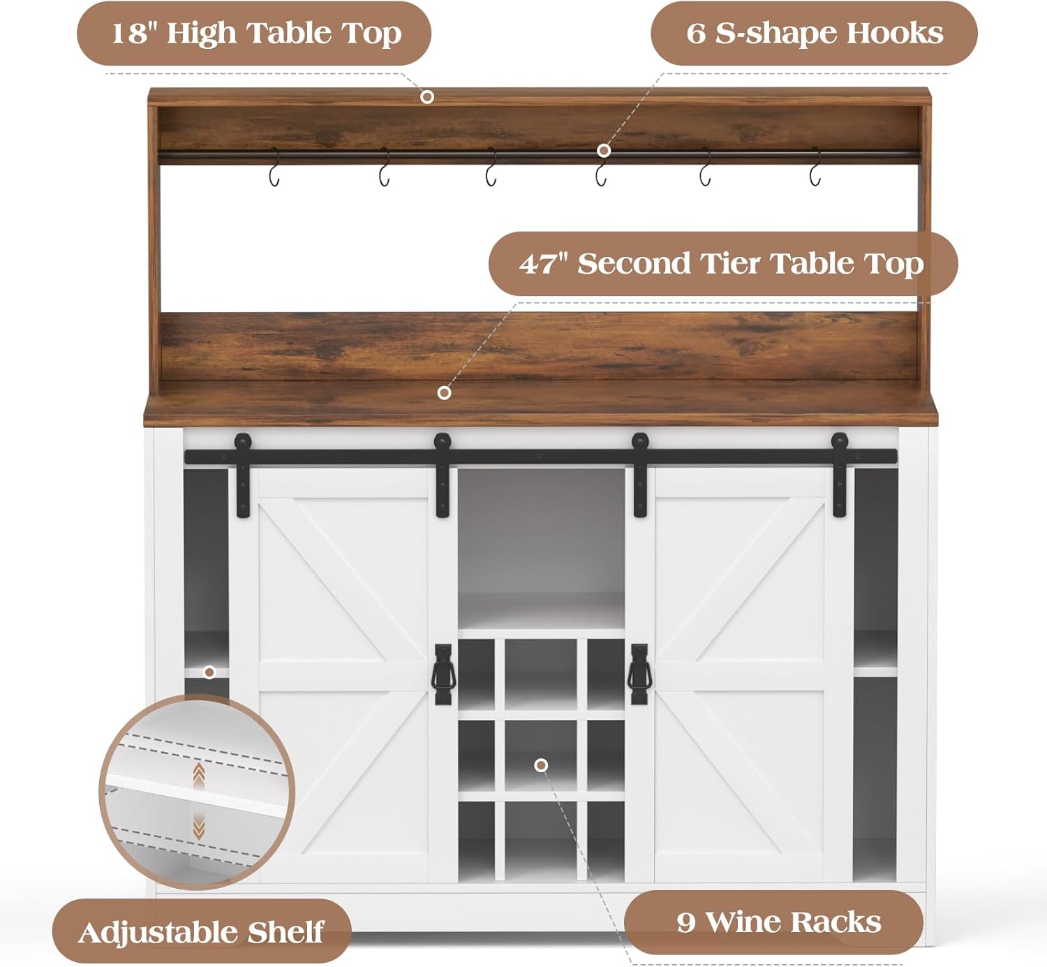 Coffee Bar Cabinet, 47" Farmhouse Sideboard Buffet Cabinet with Sliding Barn Door, Wine Rack & 6 Hooks, Wine Bar Cabinet for Home Dining Living Room, White