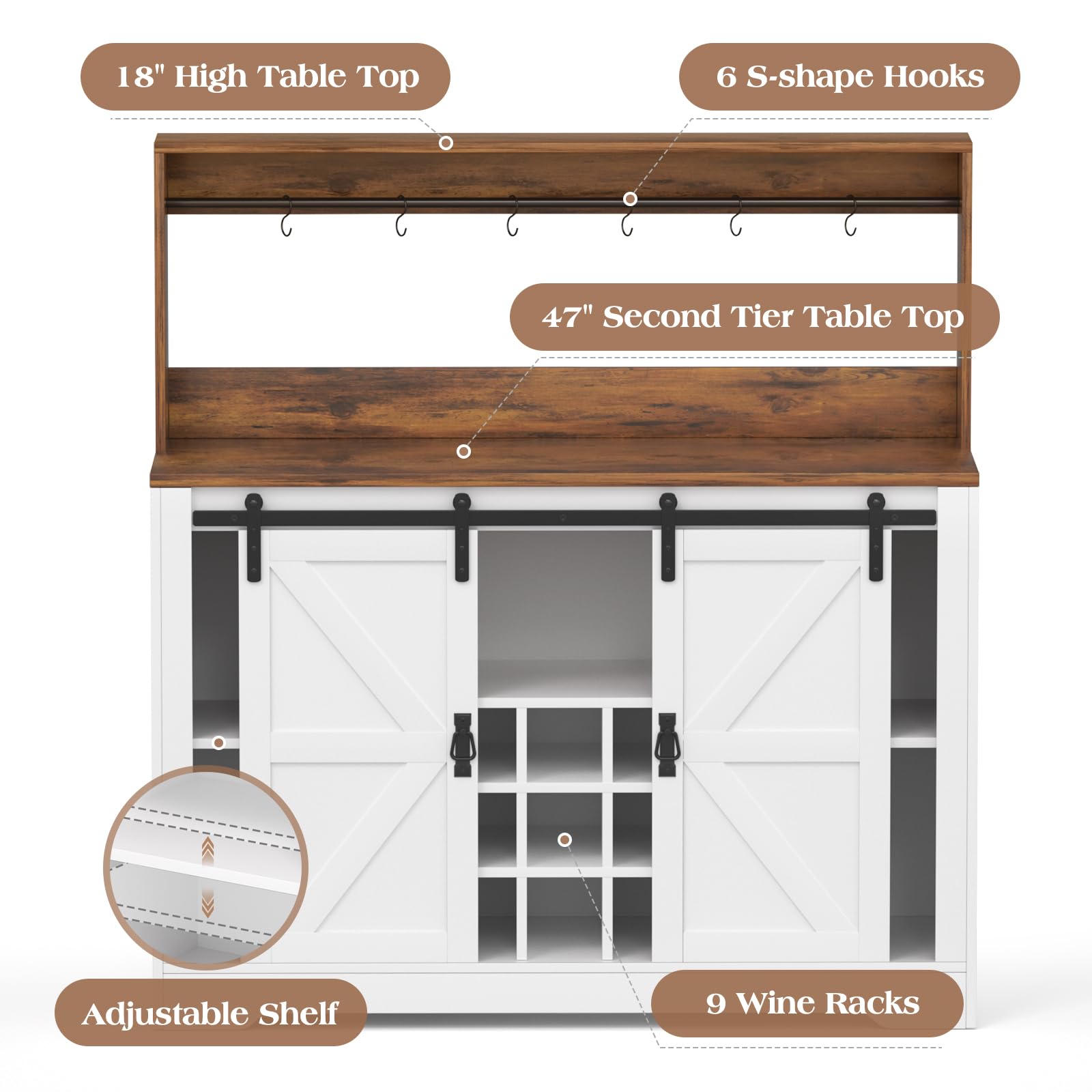 Coffee Bar Cabinet, Sliding Barn Door & Adjustable Shelves, 47" Farmhouse Coffee Bar Wine Bar Cabinet with Wine Rack & 6 Hooks, Bar Cabinet for Home Dining Living Room, Grey