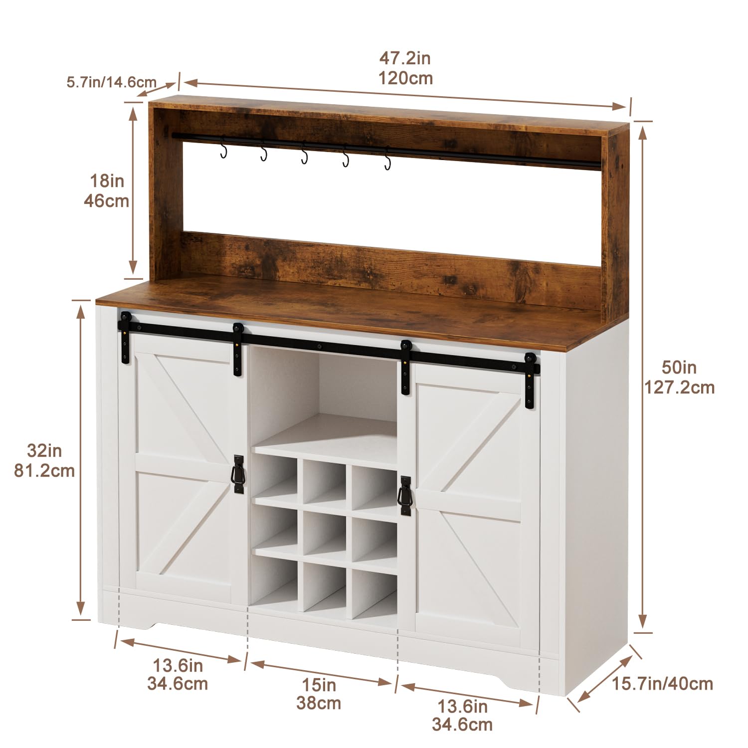 EOYUTLLY Coffee Bar Cabinet, 47" Farmhouse Kitchen Wine Bar with 6 Hooks, Sliding Barn Door and Adjustable Shelves, Liquor Bar Cabinet with Storage for Home, Dining Living Room(Grey)