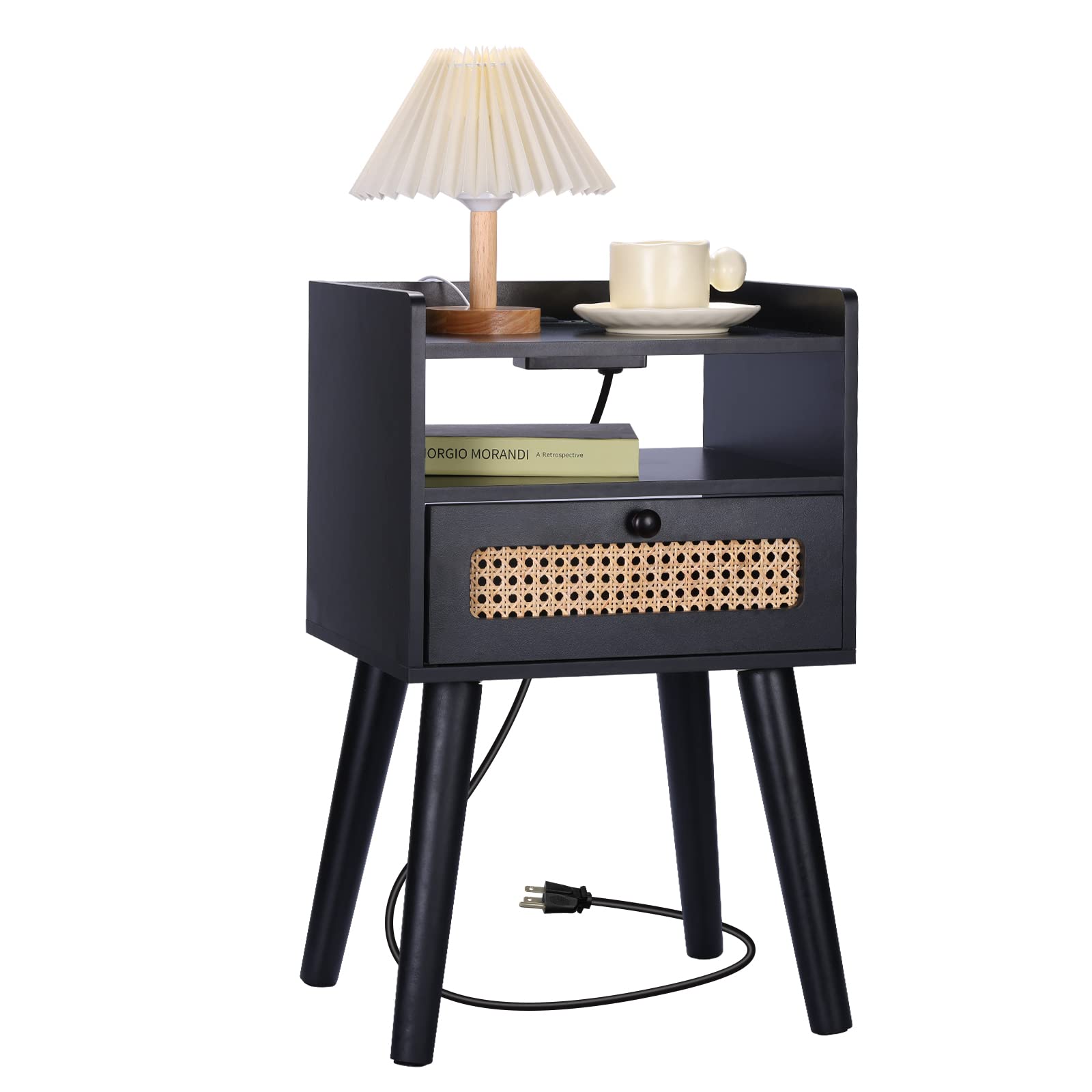 EOYUTLLY Rattan Nightstand Side Table with Storage Drawer and Open Shelf, Bedside Table for Solid Wood Legs, Modern End Table for Living Room, Bedroom and Small Space, Black