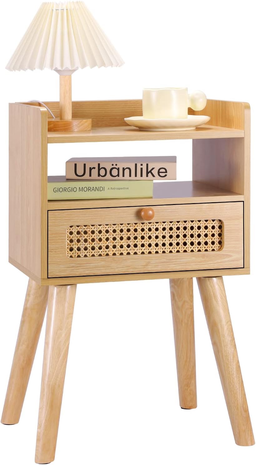 EOYUTLLY Rattan Nightstand Side Table with Storage Drawer and Open Shelf, Bedside Table for Solid Wood Legs, Modern End Table for Living Room, Bedroom and Small Space, Natural