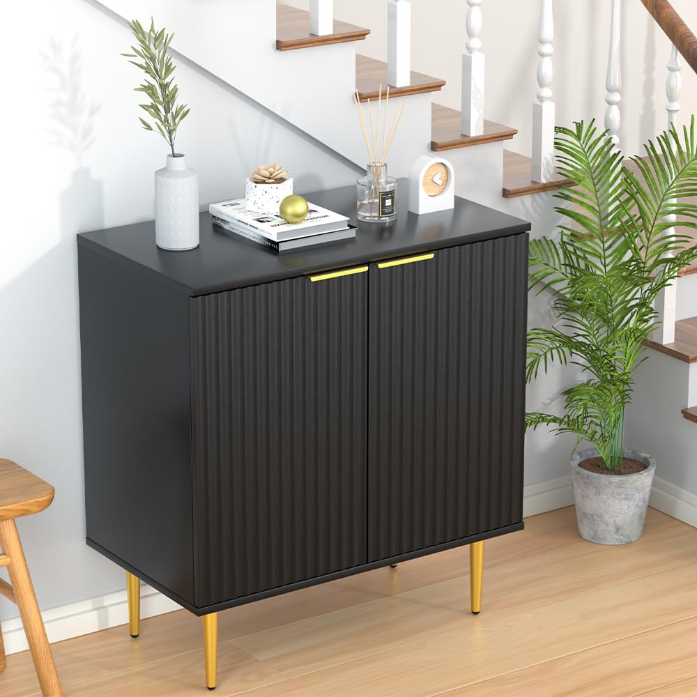 Sideboard Buffet Cabinet, Modern Coffee Bar Cabinet with Fluted Waveform Doors and Adjustable Shelf, Buffet Cabinet with Storage for Living Room, Dining Room, Hallway, Black