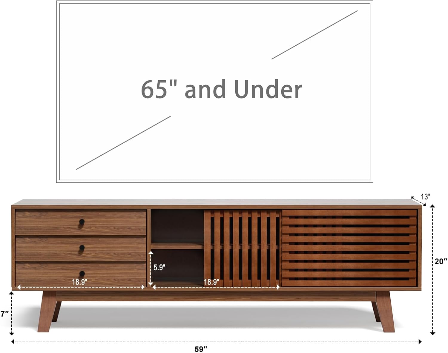 Mid Century Modern TV Stand for 65+ inch TV, TV Stand with Slatted Sliding Door and 3 Drawers, TV Console Entertainment Center with Storage for Living Room, Bedroom, Walnut