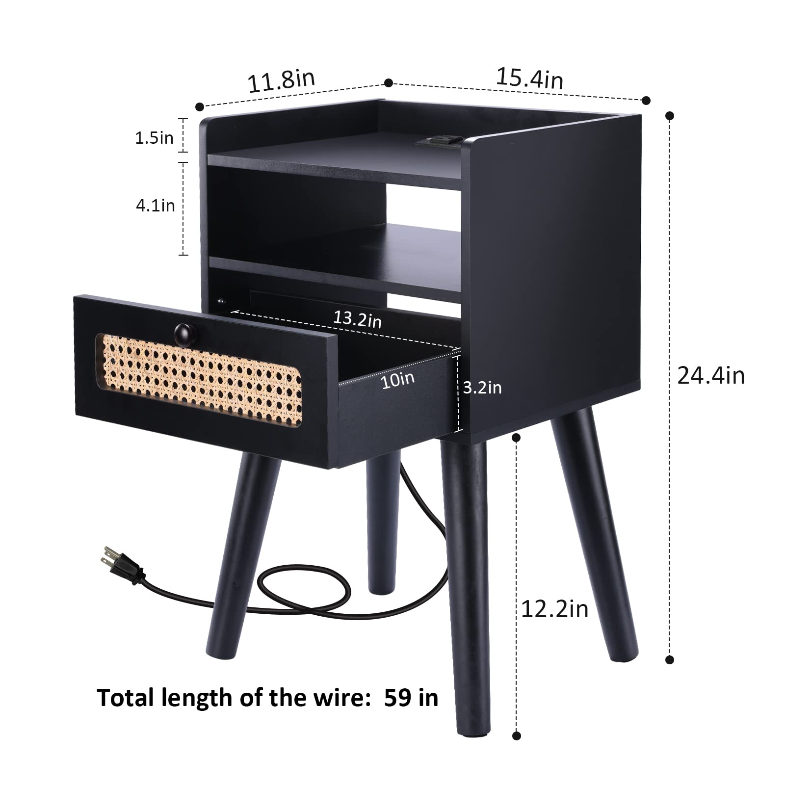 EOYUTLLY Nightstand with Charging Station Side Table with Rattan Drawer Storage, Bedside Table with USB Ports Modern Wooden End Table for Living Room, Bedroom and Small Space, Black