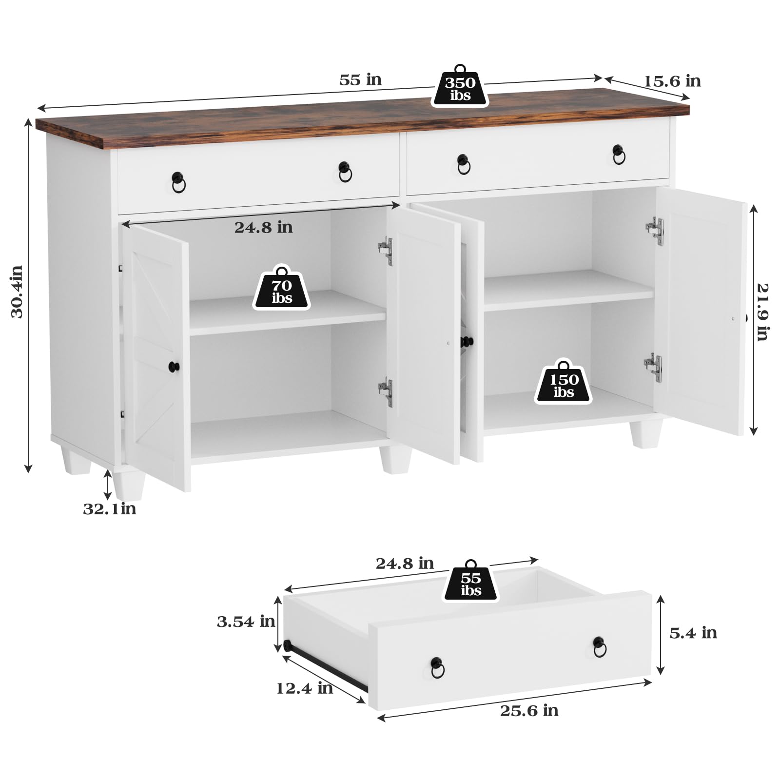 Buffet Cabinet with Storage, 55”Large Coffee Bar Cabinet with 2 Drawers and 4 Barn Doors, Adjustable Shelf, Modern Farmhouse Sideboard Buffet for Kitchen, Living Room, Grey