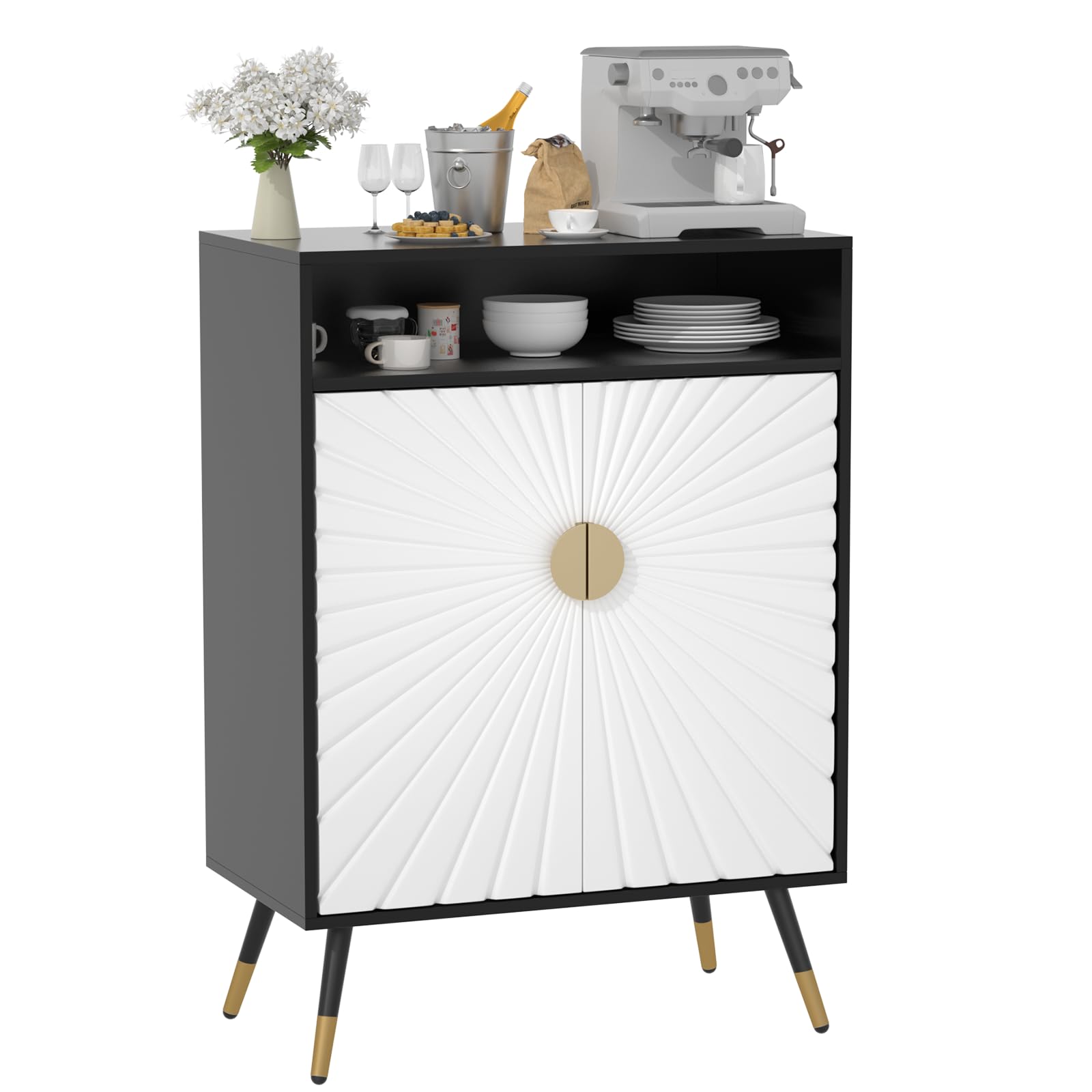 EOYUTLLY Sideboard Buffet Cabinet with Charging Station & LED Light, Accent Cabinet with Adjustable Shelves & Decorative Doors & Gold Handles for Entryway, Living Room, Dining Room, Black & White