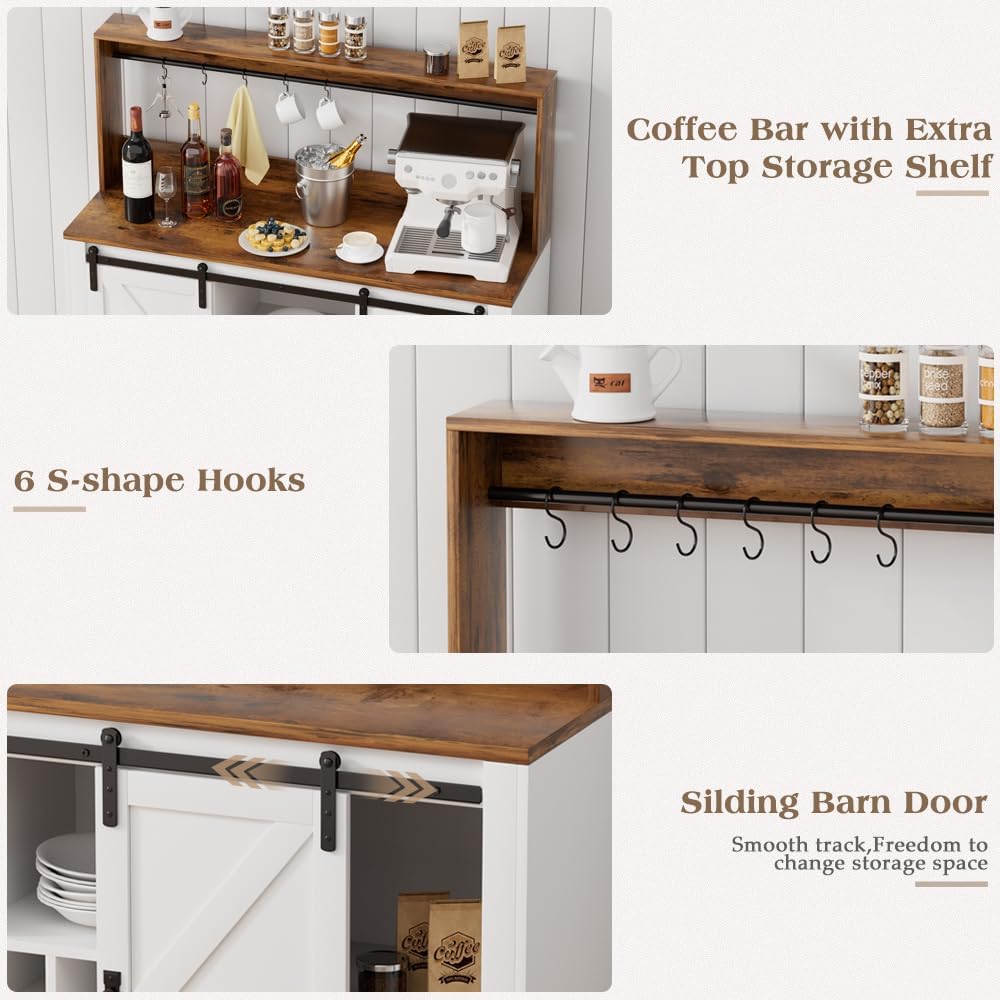 Coffee Bar Cabinet, 47" Farmhouse Sideboard Buffet Cabinet with Sliding Barn Door, Wine Rack & 6 Hooks, Wine Bar Cabinet for Home Dining Living Room, White