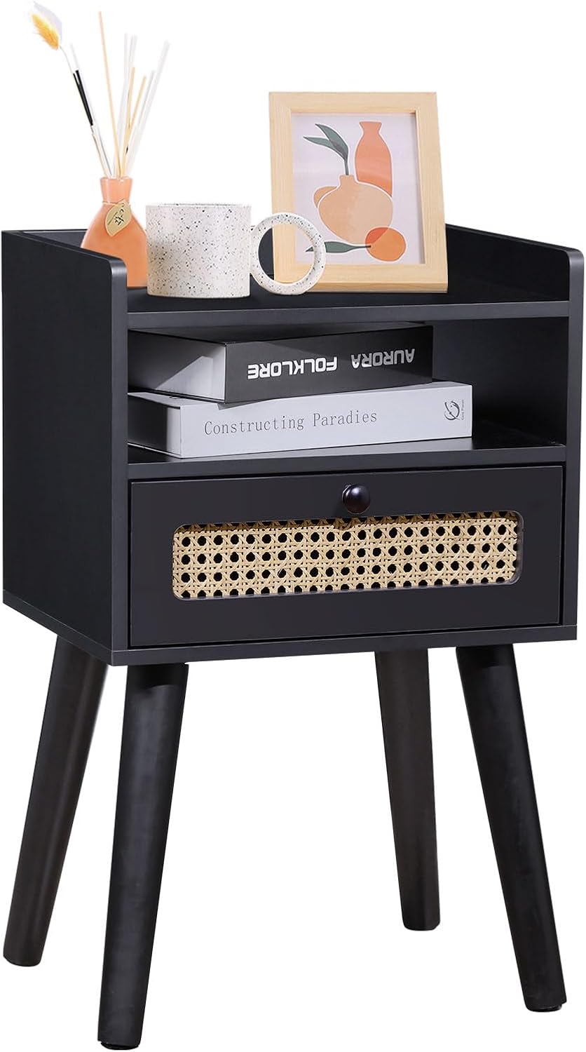 Urban Deco Nightstand,Wooden Bedside Table with Fabric Drawer,Modern End Table for Bedroom and Living Room.(Black)