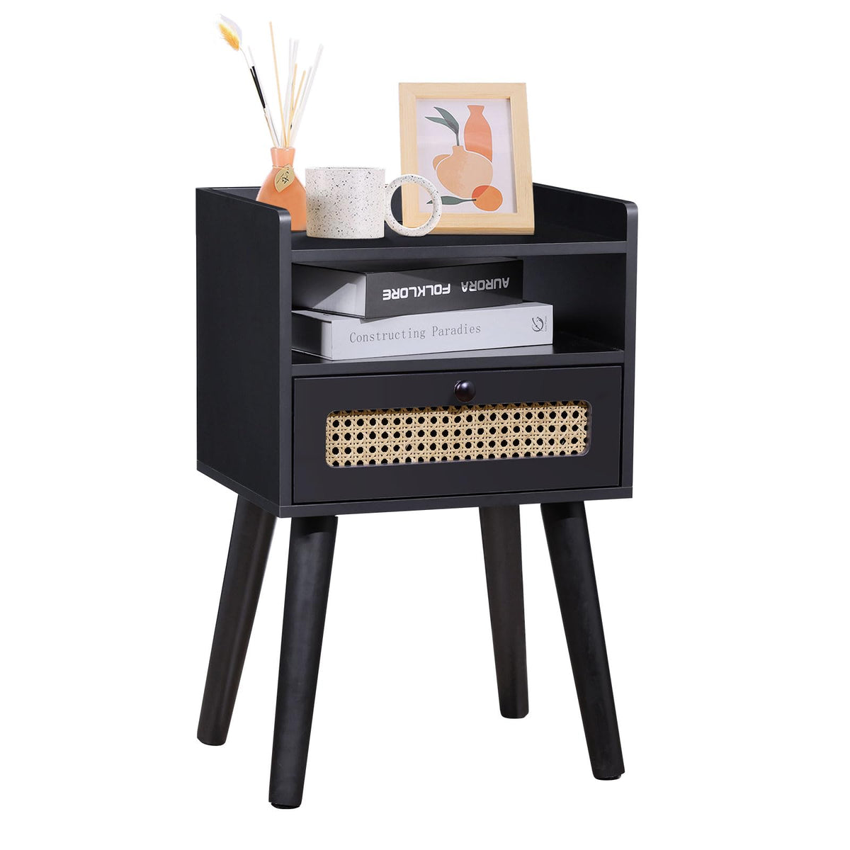 Urban Deco Nightstand,Wooden Bedside Table with Fabric Drawer,Modern End Table for Bedroom and Living Room.(Black)