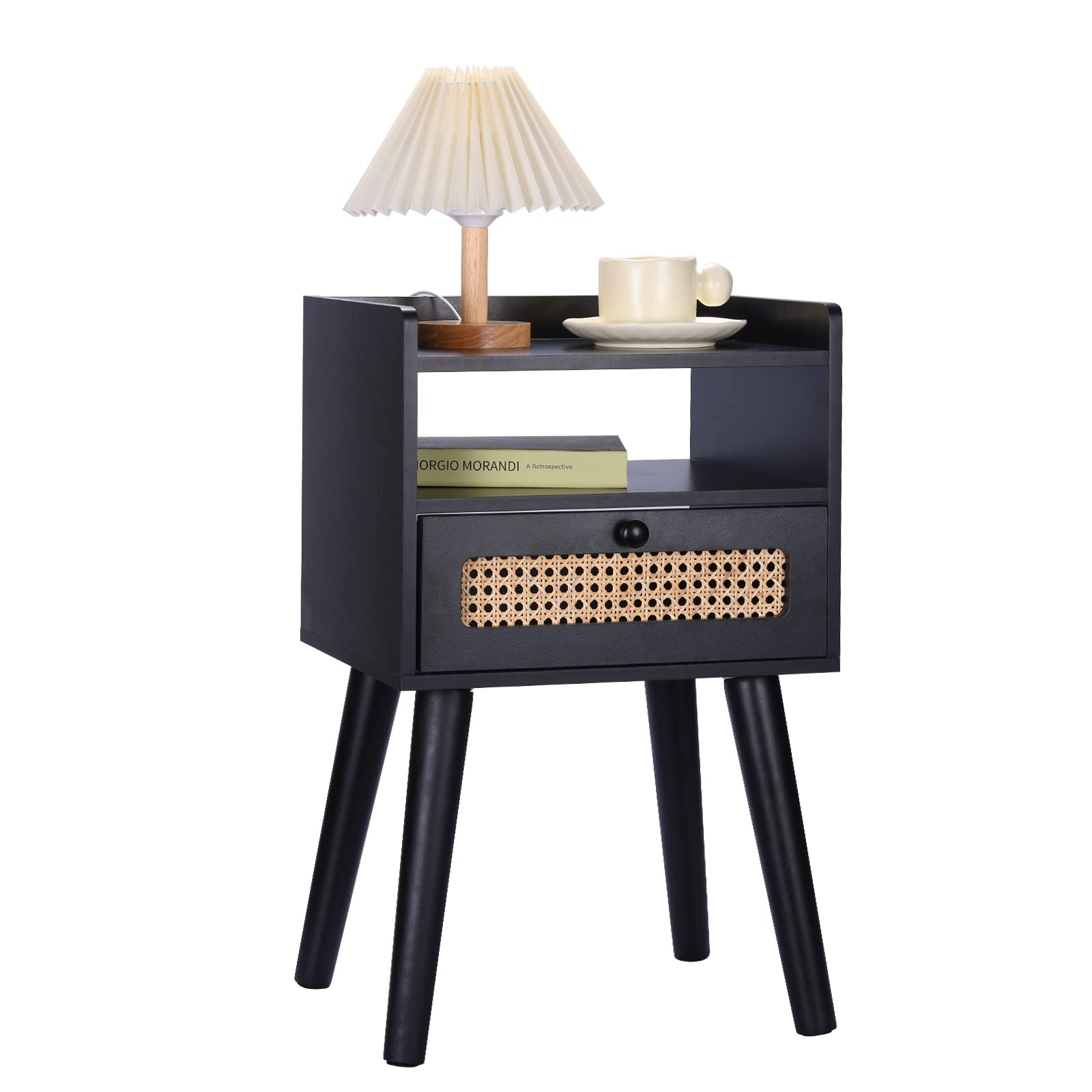 EOYUTLLY Nightstand with Charging Station Side Table with Rattan Drawer Storage, Bedside Table with USB Ports Modern Wooden End Table for Living Room, Bedroom and Small Space, Black