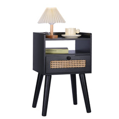 EOYUTLLY Rattan Nightstand Side Table with Storage Drawer and Open Shelf, Bedside Table for Solid Wood Legs, Modern End Table for Living Room, Bedroom and Small Space, Black