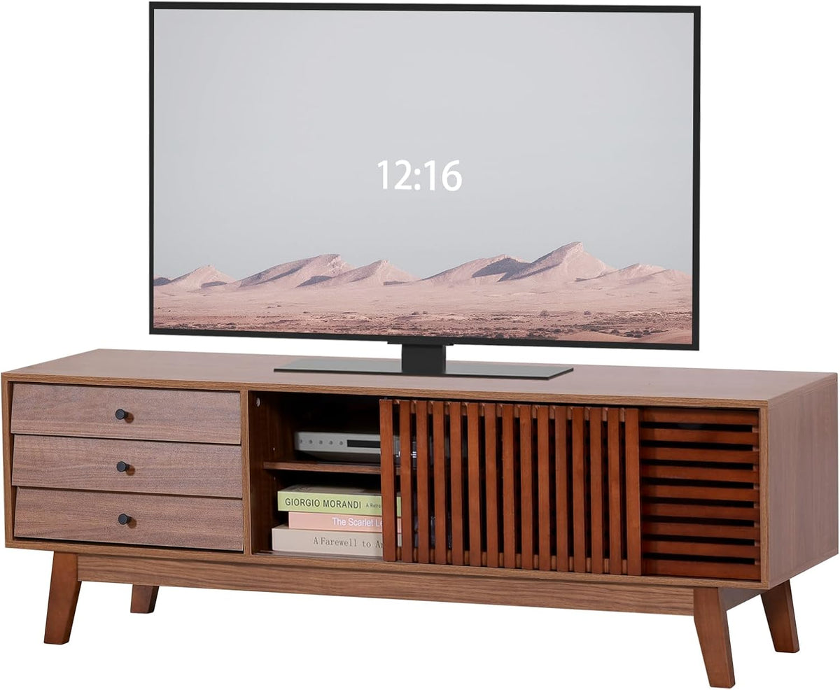 EOYUTLLY TV Stand for 55 59 65 inch TV, Living Room Entertainment Center with Storage 3 Drawers Adjustable Shelves 2 Smooth Sliding Doors Sturdy Wood Legs Floating TV Stand for Living Room