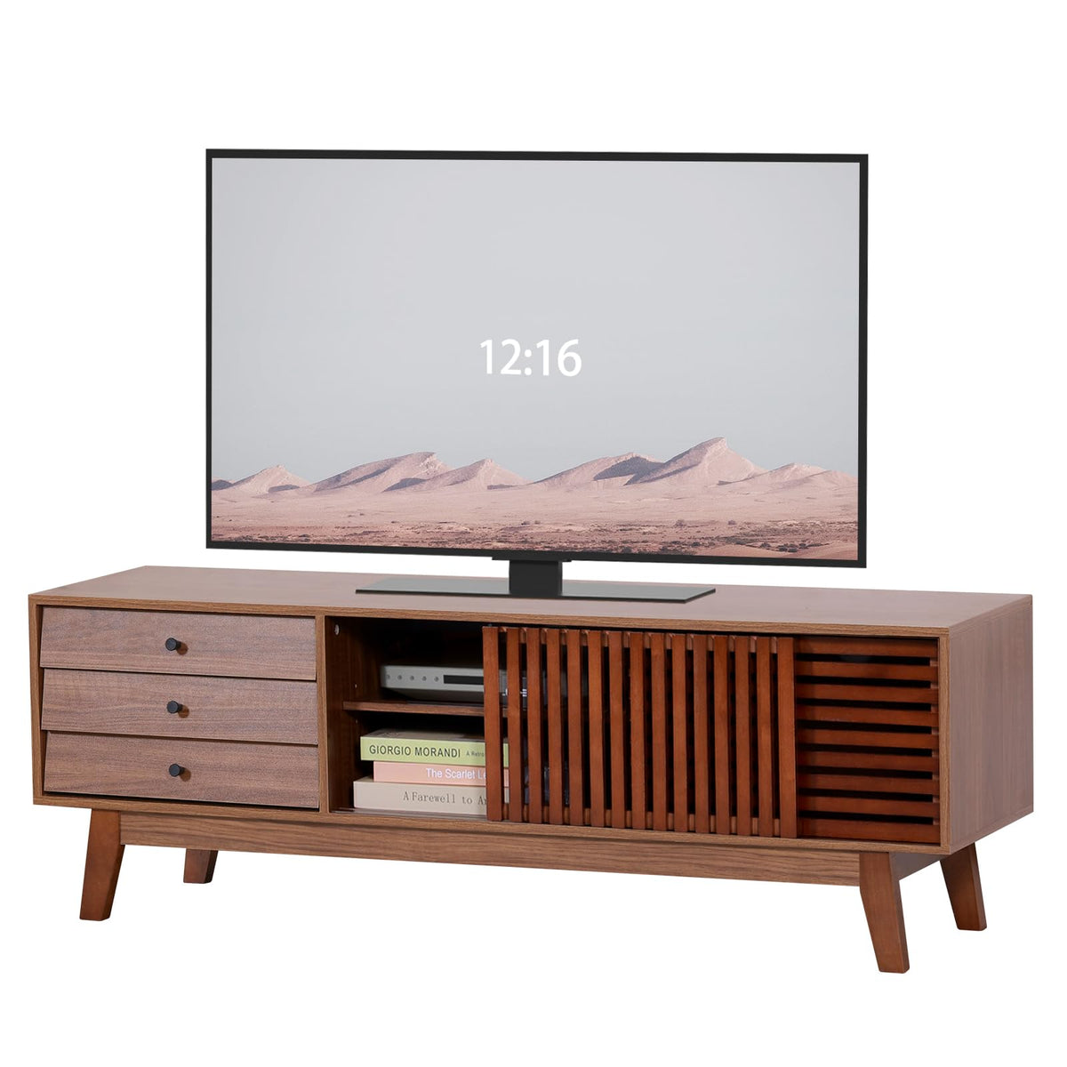 EOYUTLLY TV Stand for 55/60/65 Inch TV, Modern Entertainment Center with Storage Cabinets, Wood Media Console with 3 Drawers, Television Stands with Adjustable Height Shelf for Living Room, Bedroom