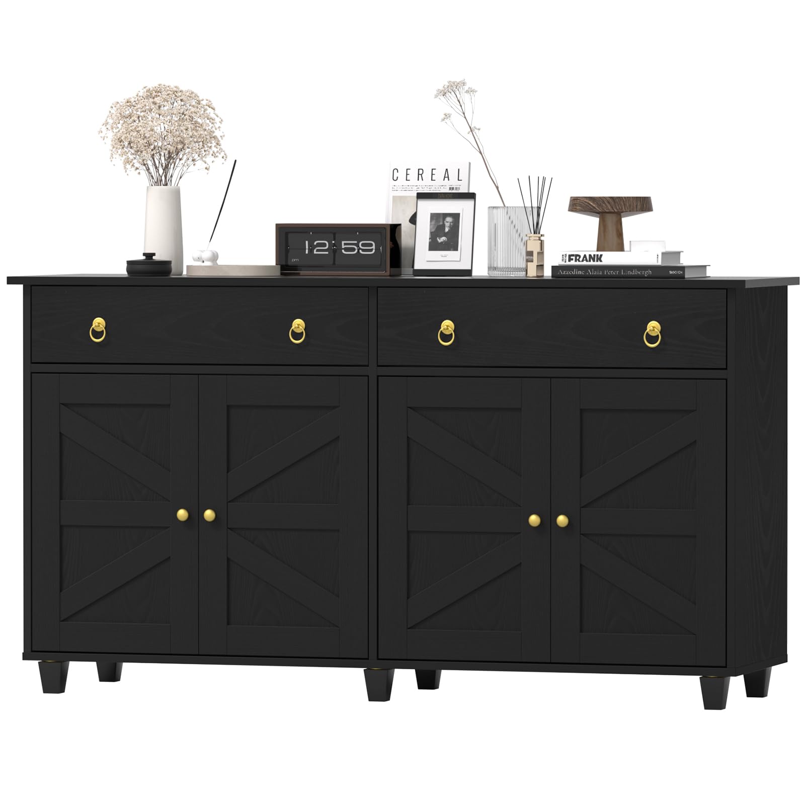 Buffet Cabinet with Storage, 55”Large Coffee Bar Cabinet with 2 Drawers and 4 Barn Doors, Adjustable Shelf, Modern Farmhouse Sideboard Buffet for Kitchen, Living Room, Black