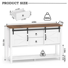 Entryway Table with Sliding Barn Doors and 2 Drawers, 46”Farmhouse Console Table with Storage Shelf, White Rustic Sofa Table Entryway Cabinet for Dining Room, Living Room, Entryway