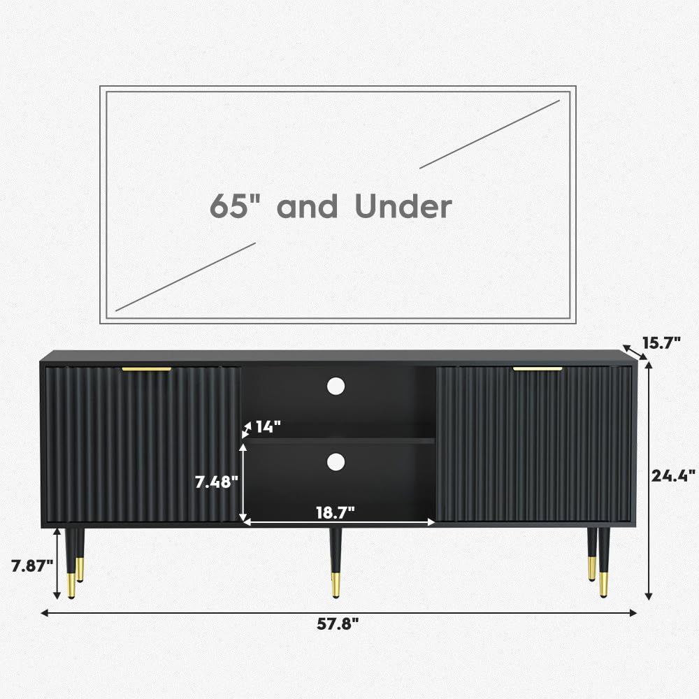 TV Stand for 65 Inch TV, Black TV Stand Entertainment Center with Storage, Fluted Waveform Doors TV Console Table with Sliding Doors & Adjustable Shelves, TV Stand for Living Room Bedroom, Black