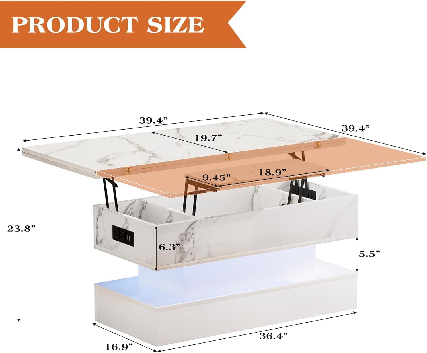 39.4" Lift Top Coffee Table with Charging Station, High-Glossy Marbling Print Center Table with Hidden Compartment Storage, LED Coffee Table for Living Room, White