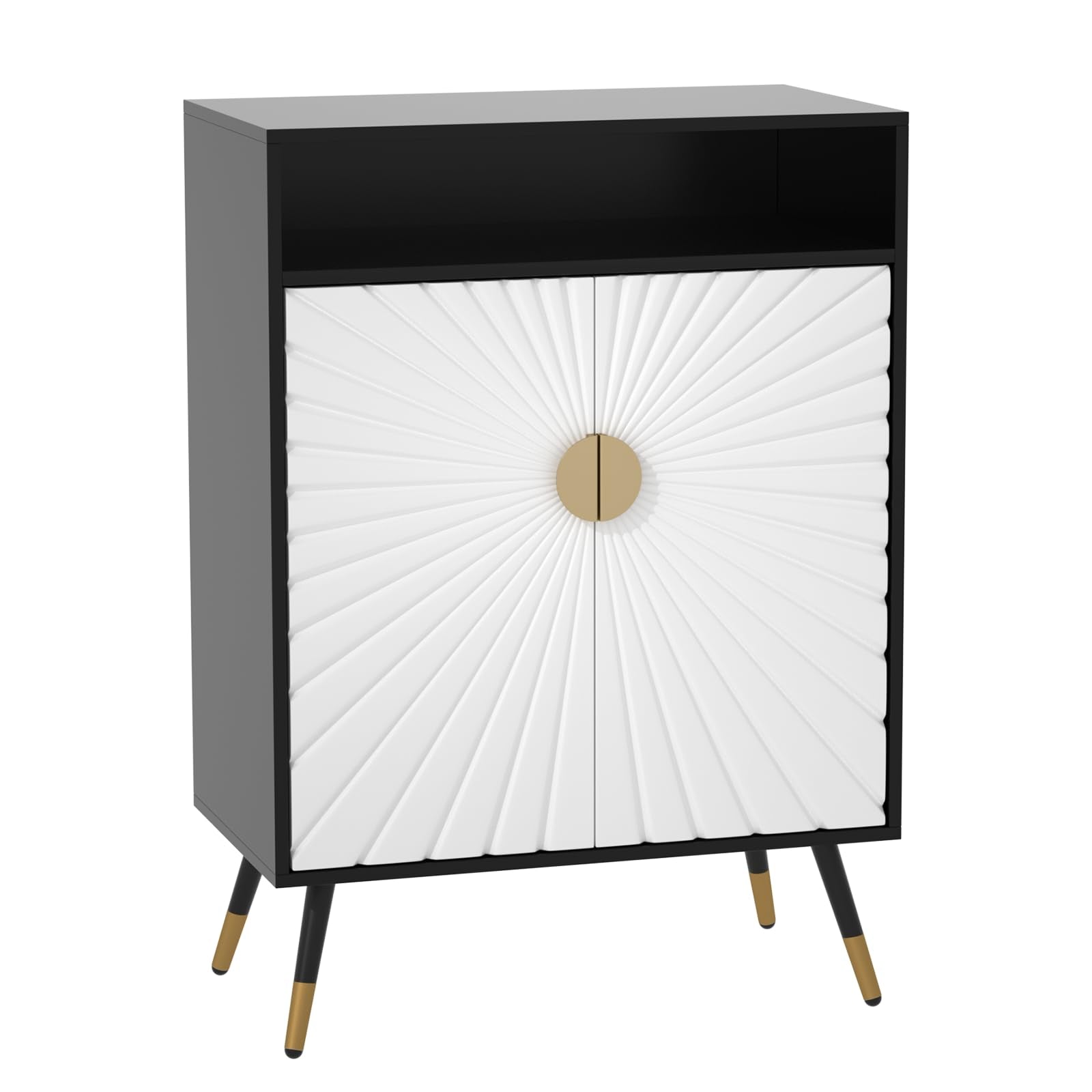 EOYUTLLY Sideboard Buffet Cabinet with Charging Station & LED Light, Accent Cabinet with Adjustable Shelves & Decorative Doors & Gold Handles for Entryway, Living Room, Dining Room, Black & White