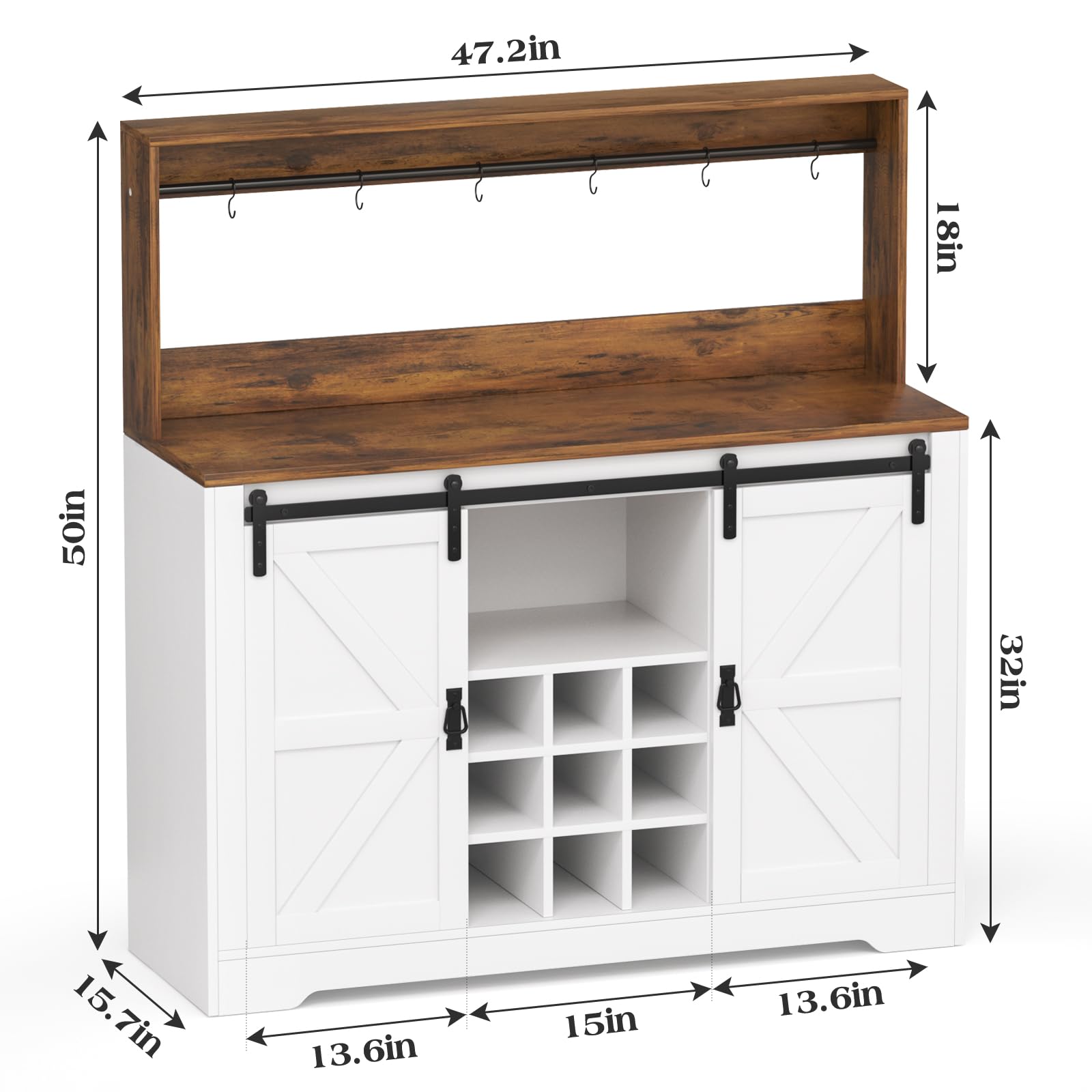 Coffee Bar Cabinet, Sliding Barn Door & Adjustable Shelves, 47" Farmhouse Coffee Bar Wine Bar Cabinet with Wine Rack & 6 Hooks, Bar Cabinet for Home Dining Living Room, Grey