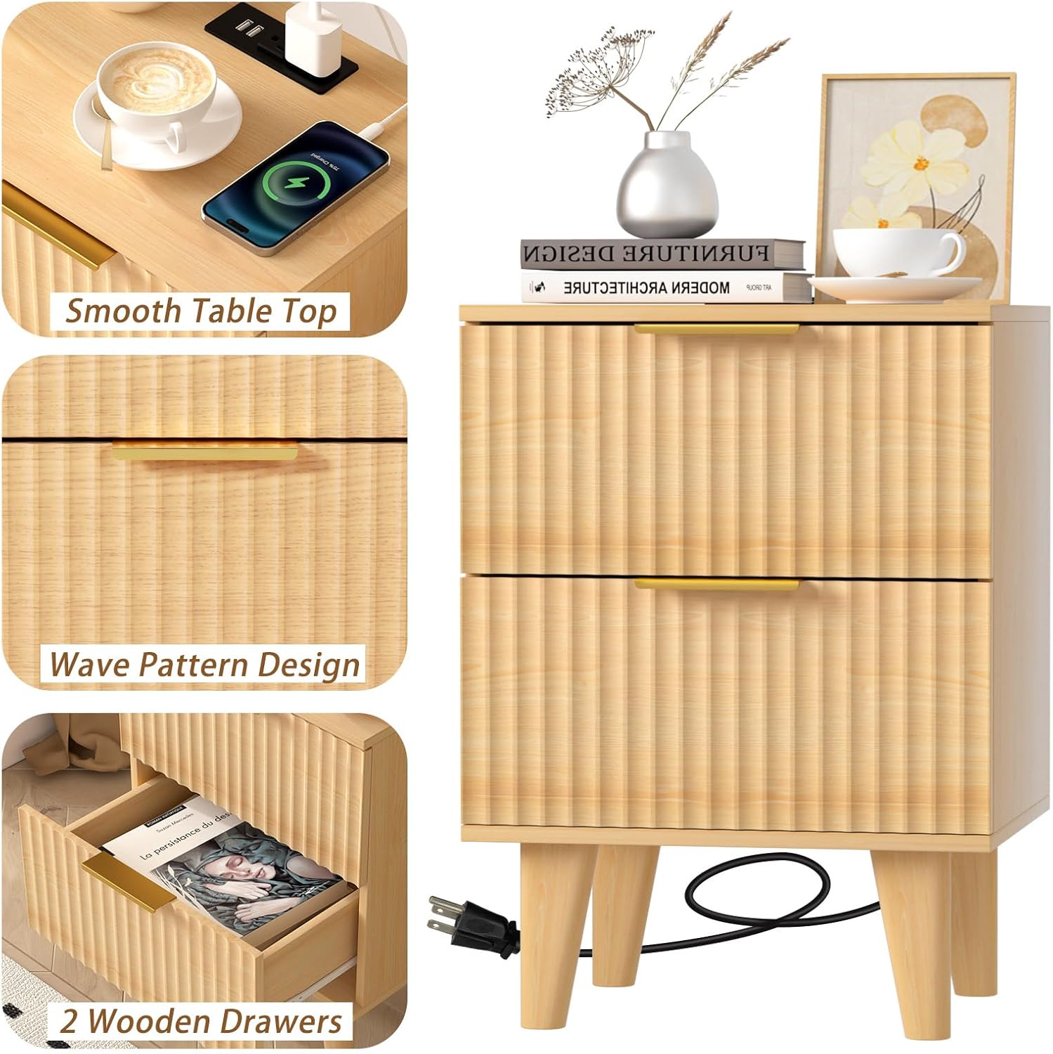 Urban Deco Nightstand with Charging Station, Small Wooden Bedside Table with Storage Drawer, Modern End Side Table with 2 Wood Fluted Drawers for Bedroom (Natural)