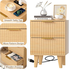 Urban Deco Nightstand with Charging Station, Small Wooden Bedside Table with Storage Drawer, Modern End Side Table with 2 Wood Fluted Drawers for Bedroom (Natural)