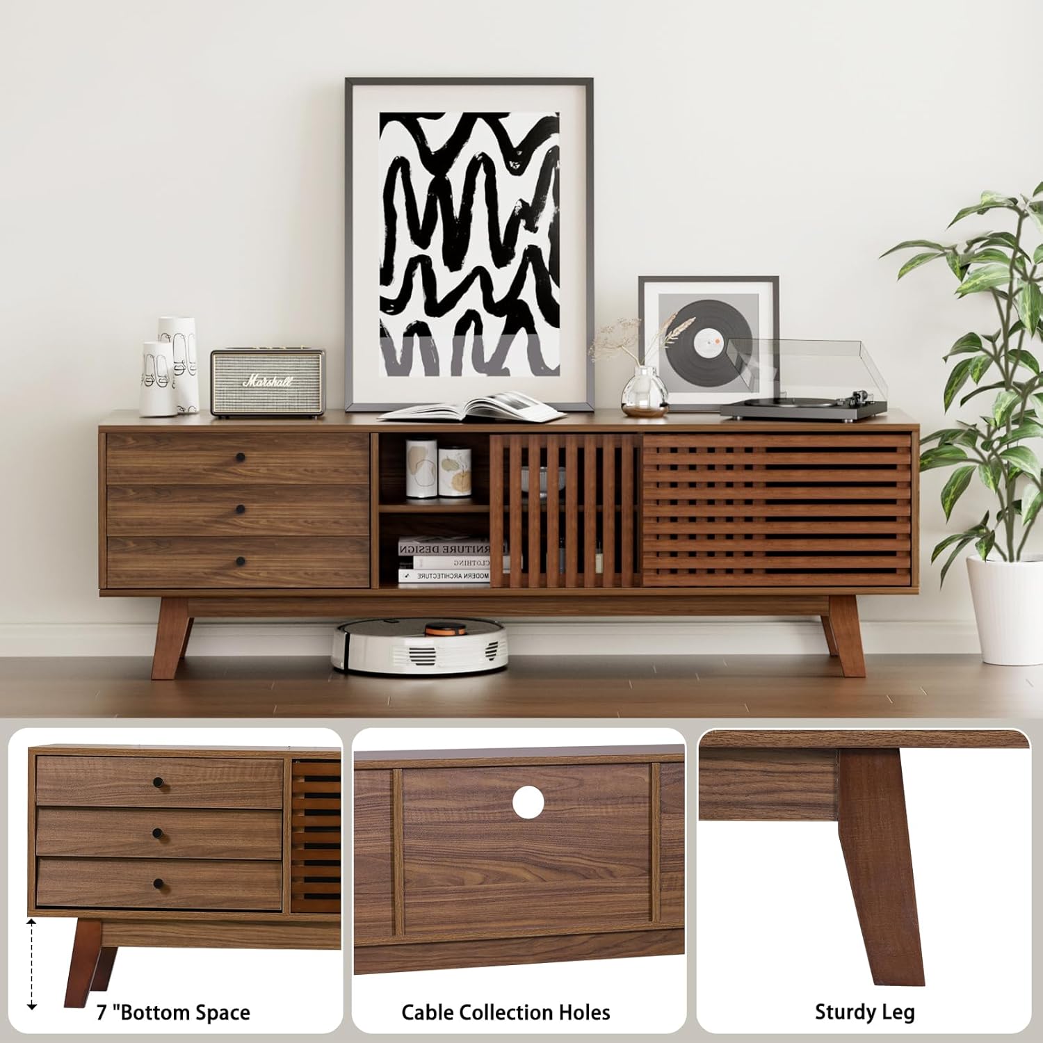 Mid Century Modern TV Stand for 65+ inch TV, TV Stand with Slatted Sliding Door and 3 Drawers, TV Console Entertainment Center with Storage for Living Room, Bedroom, Walnut