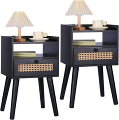 EOYUTLLY Nightstand Set of 2, Side Table with Storage Drawer and Open Shelf, Bedside Table for Solid Wood Legs, Modern End Table for Living Room, Bedroom and Small Space, Black