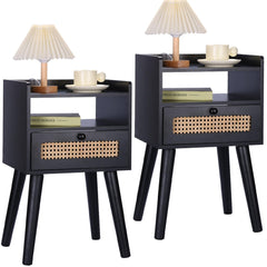 EOYUTLLY Nightstand Set of 2, Side Table with Storage Drawer and Open Shelf, Bedside Table for Solid Wood Legs, Modern End Table for Living Room, Bedroom and Small Space, Black